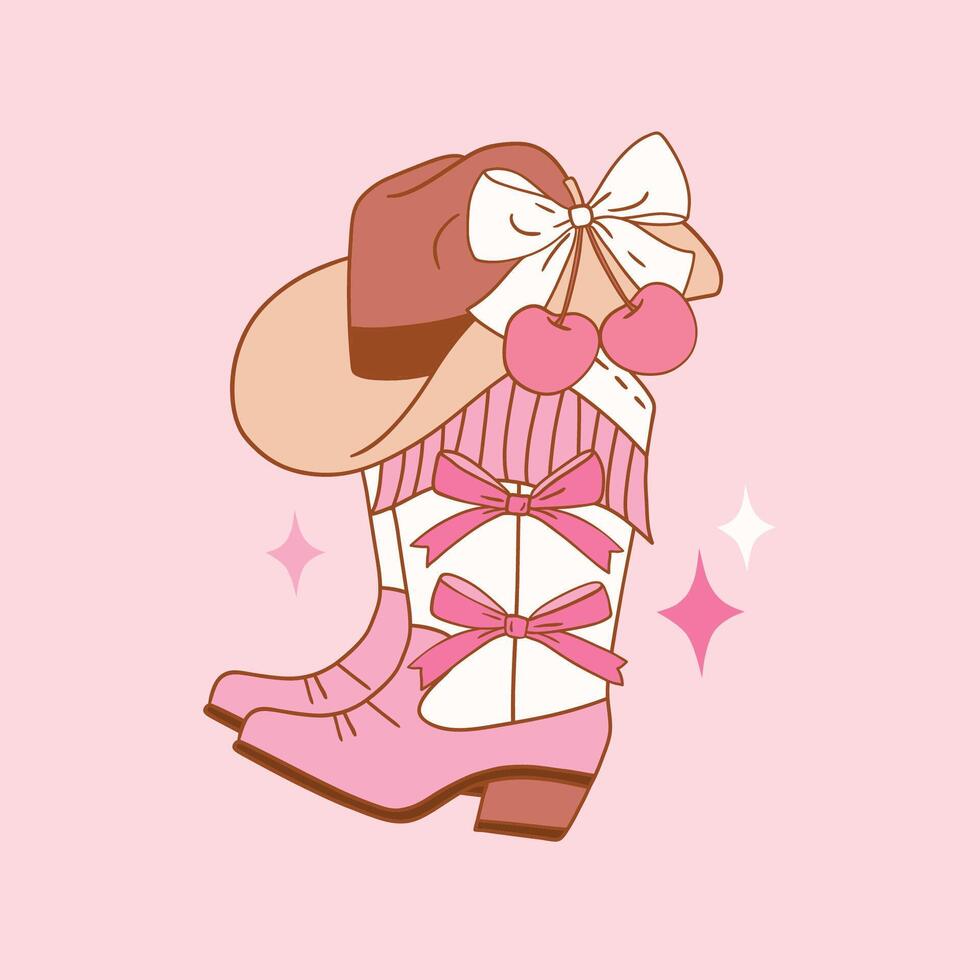 Pink western cowgirl boots with hat and cherry. Hand drawn girly rodeo clipart. Perfect for sticker, tee shirt logo, greeting card, poster or nursery print design. vector