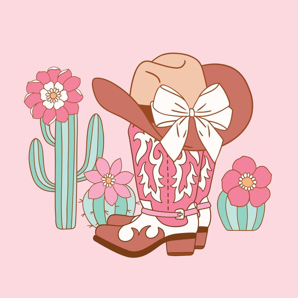Cute western cowgirl boots with hat, cactus and succulents. Hand drawn girly rodeo clipart. Perfect for sticker, tee shirt logo, greeting card, poster or print design. vector