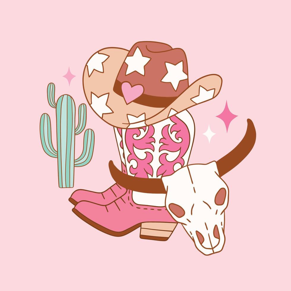 Cute western cowgirl boots with hat and skull. Hand drawn girly rodeo clipart. Perfect for sticker, tee shirt logo, greeting card, poster or print design. vector