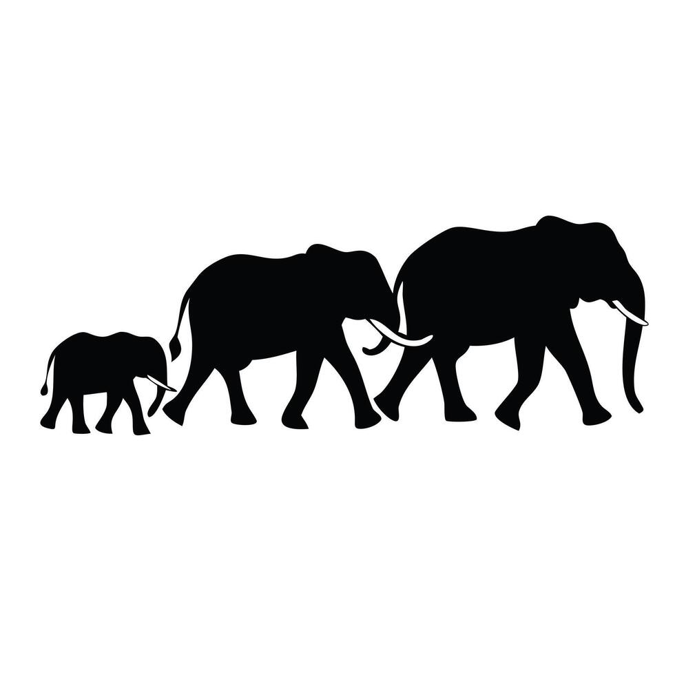 Elephant Family Silhouette Minimal Black and White Safari Art vector