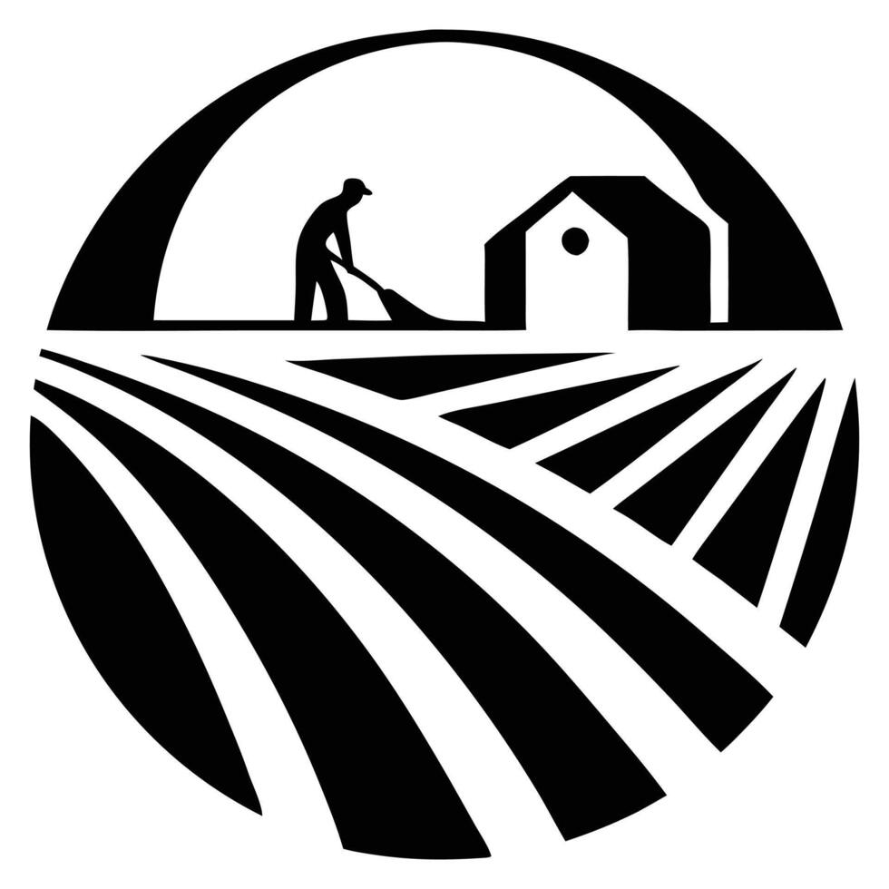 Farmer Working Field Barn Agriculture Rural Landscape Black White Icon Graphic Design vector