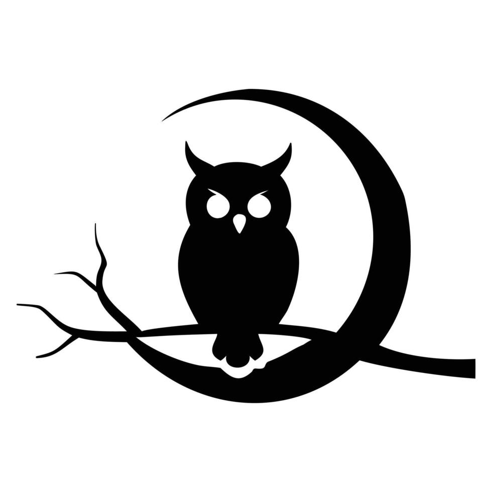 Majestic Owl Silhouette Perched on Branch Under Crescent Moon Night Sky Graphic Design vector