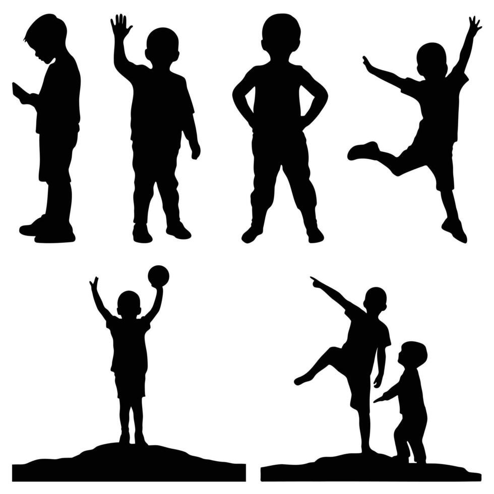 Collection of Silhouettes Playful Children Poses Active Kids Illustration vector