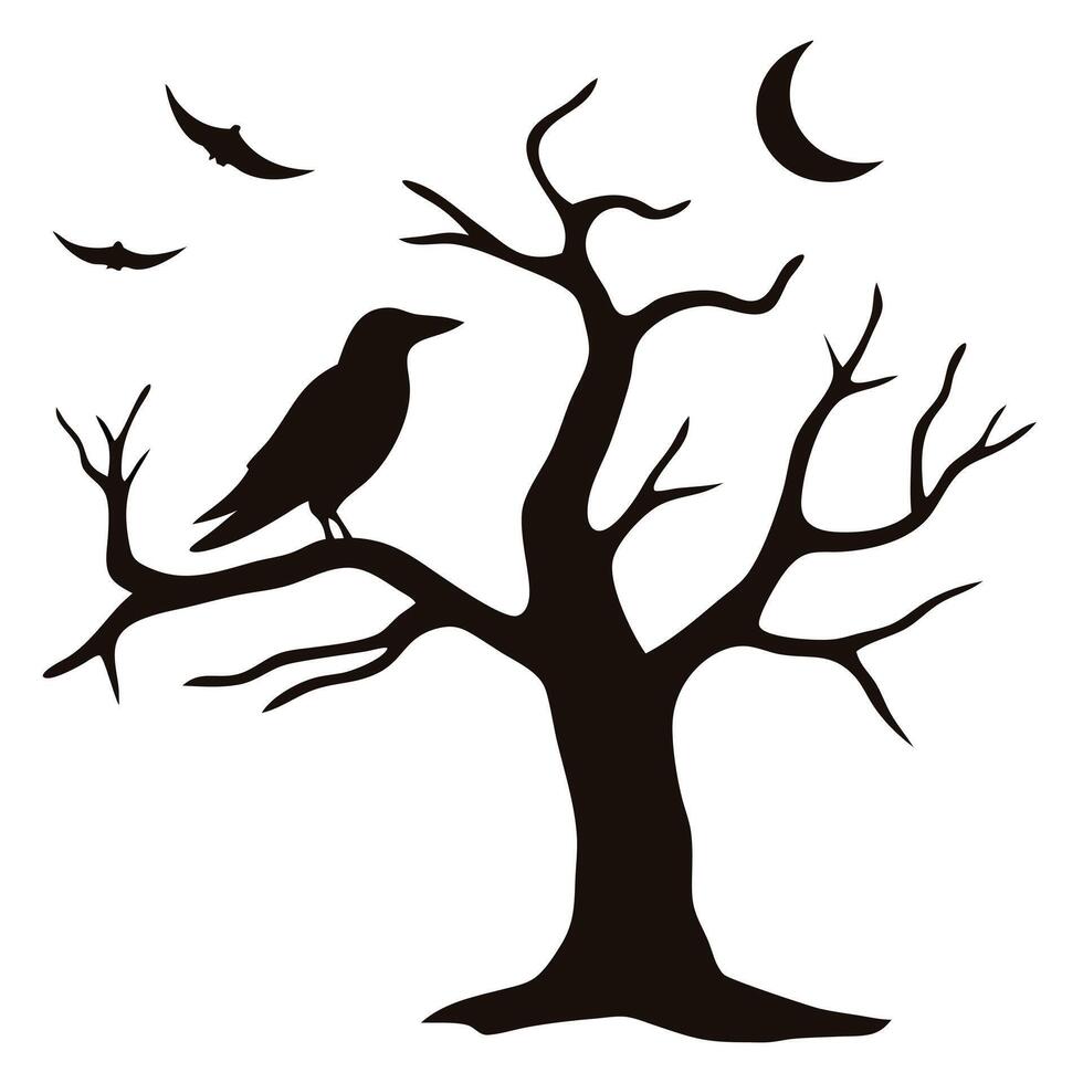 Majestic Crow Silhouette Perched on a Barren Tree Branch under a Crescent Moon Night Sky vector