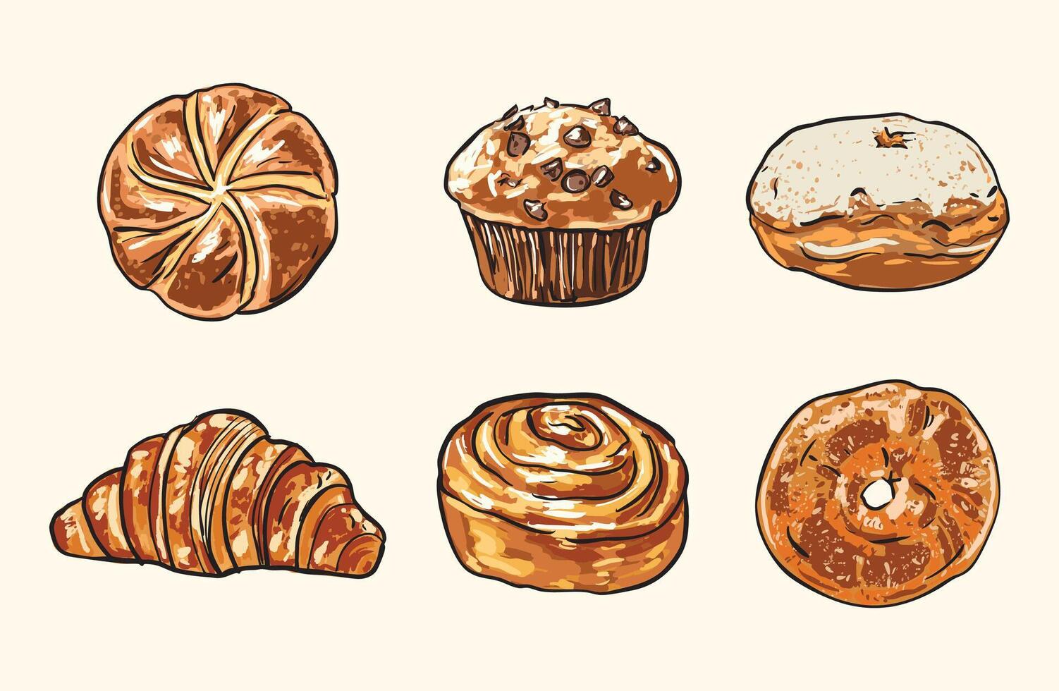 Artistic Pastries and Baked Goods Illustration Set vector