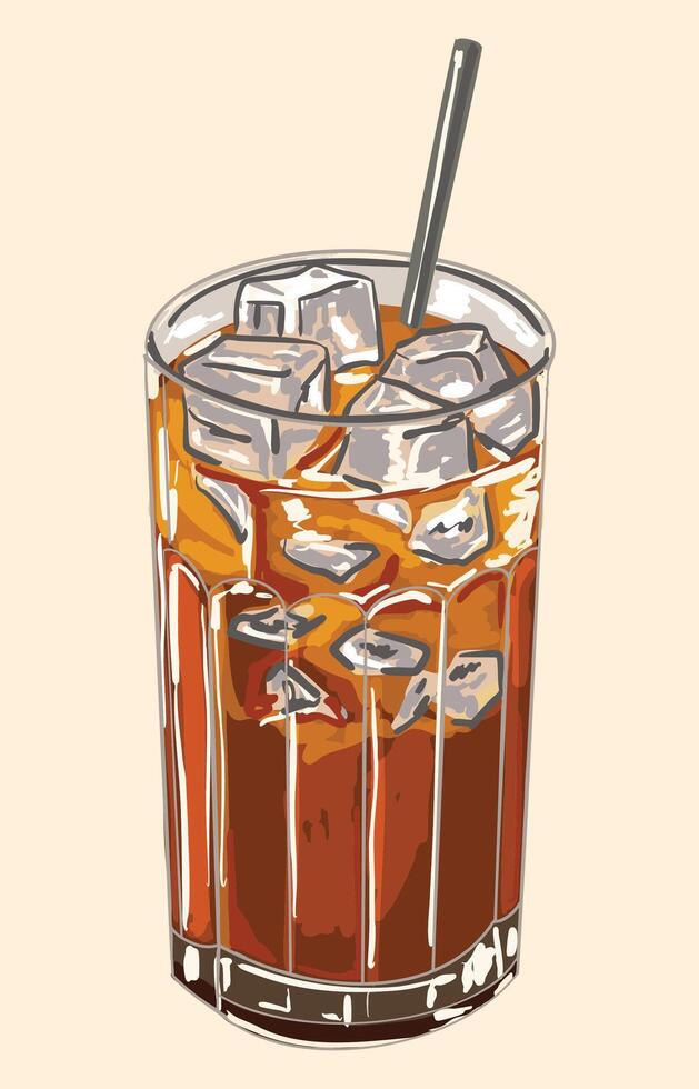 Artistic Iced Coffee Glass with Ice Cubes and Straw Illustration vector