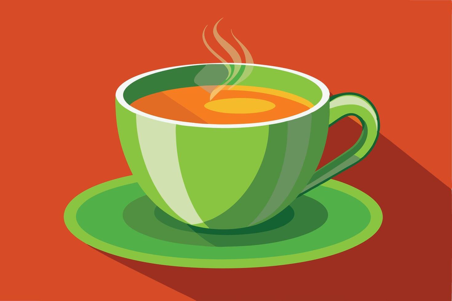 A vibrant green teacup steaming on a warm background. vector