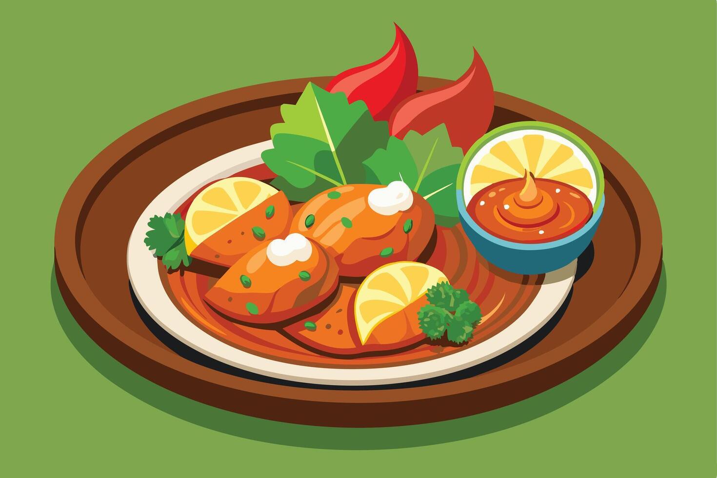 Spicy Chicken Tikka with Tangy Sauce on a Plate vector
