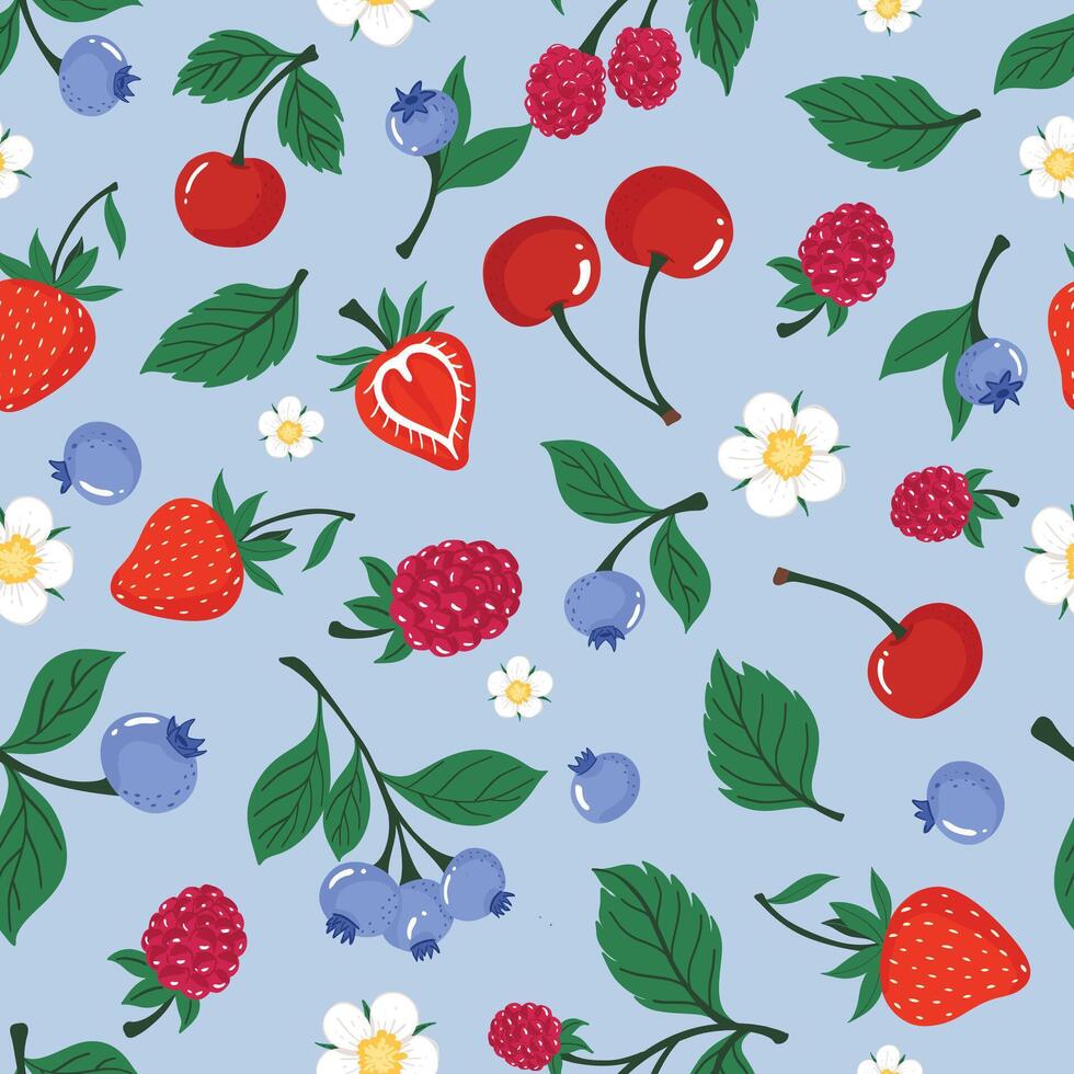 Seamless pattern fruit berry on light blue background vector