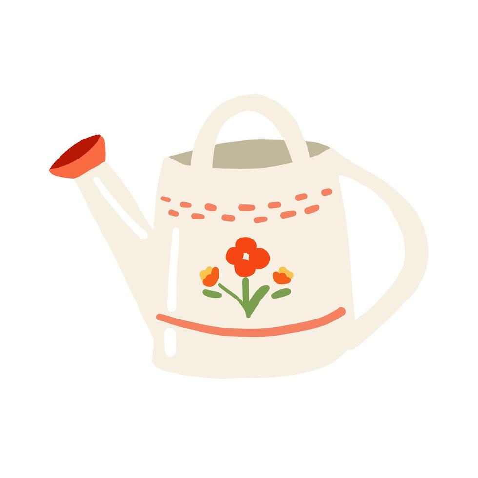 Cute cozy hand-drawn beige watering can with red flower decoration vector