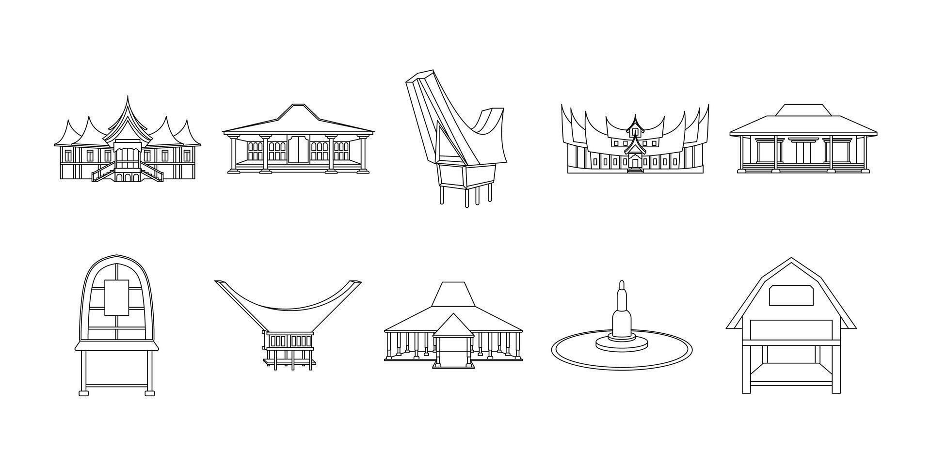 Indonesian traditional houses outline set illustration vector