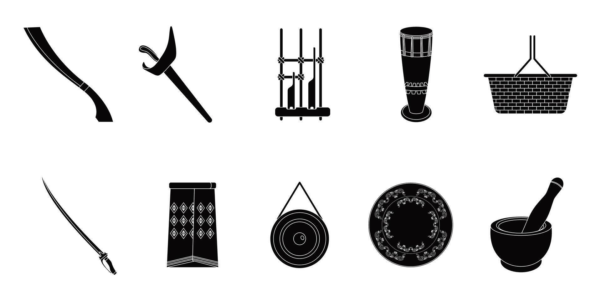 Indonesian traditional tools silhouette set illustration vector