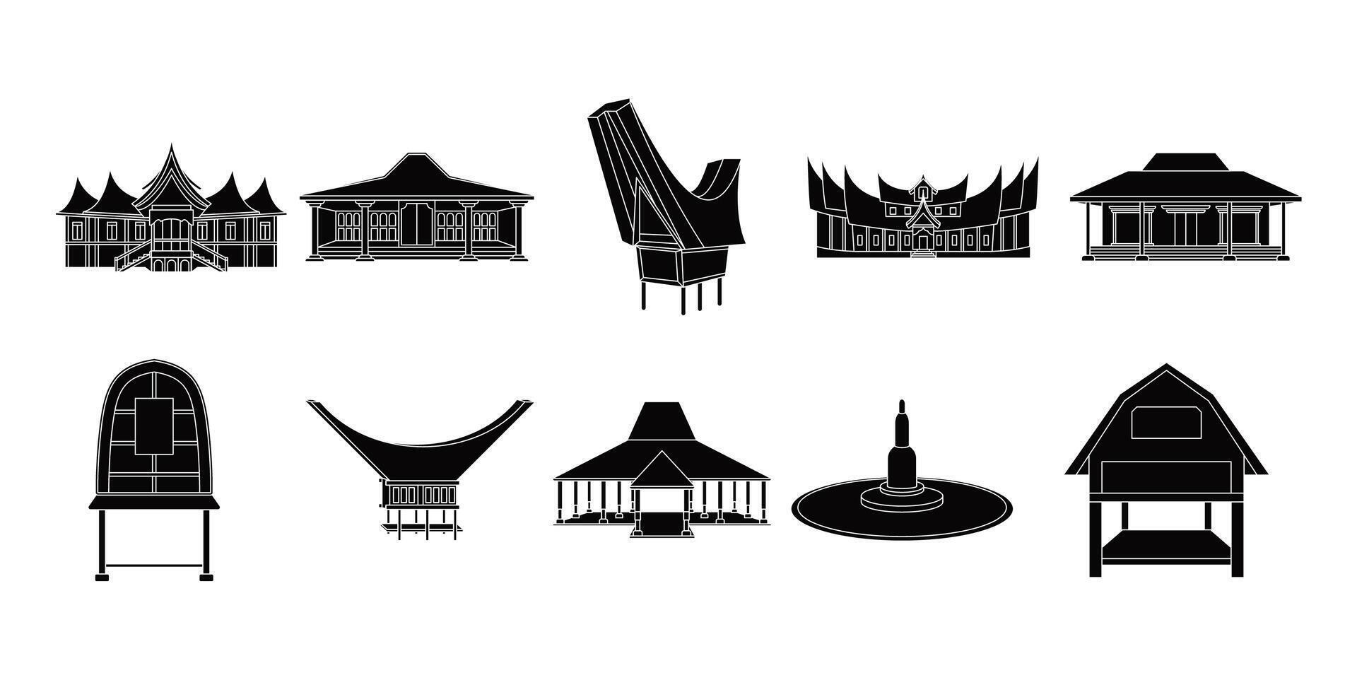 Indonesian traditional houses silhouette set illustration vector