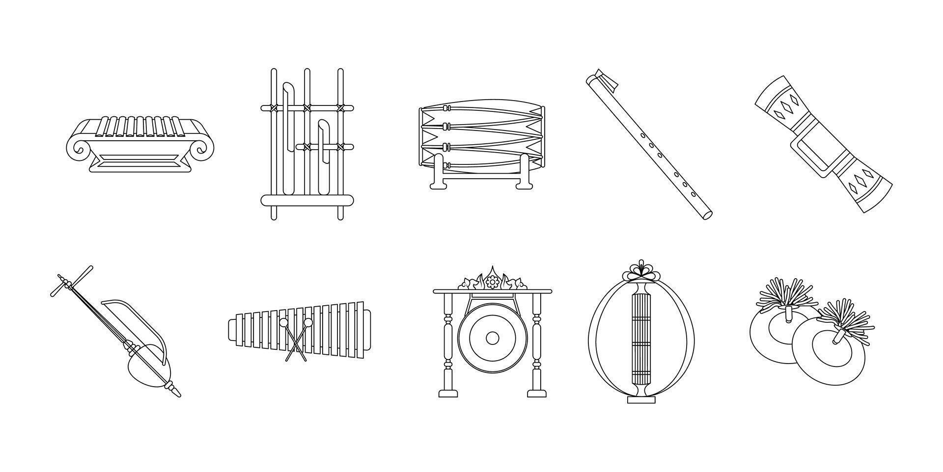 Indonesian music instruments outline set illustration vector