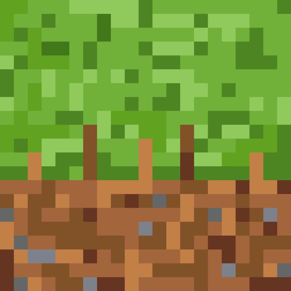 pixel art texture of the ground, tree trunks and dense foliage. abstract landscape of squares vector