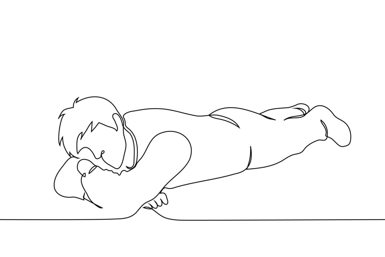 man full length lying on stomach with folded hands and head on them looking at camera - one line art vector