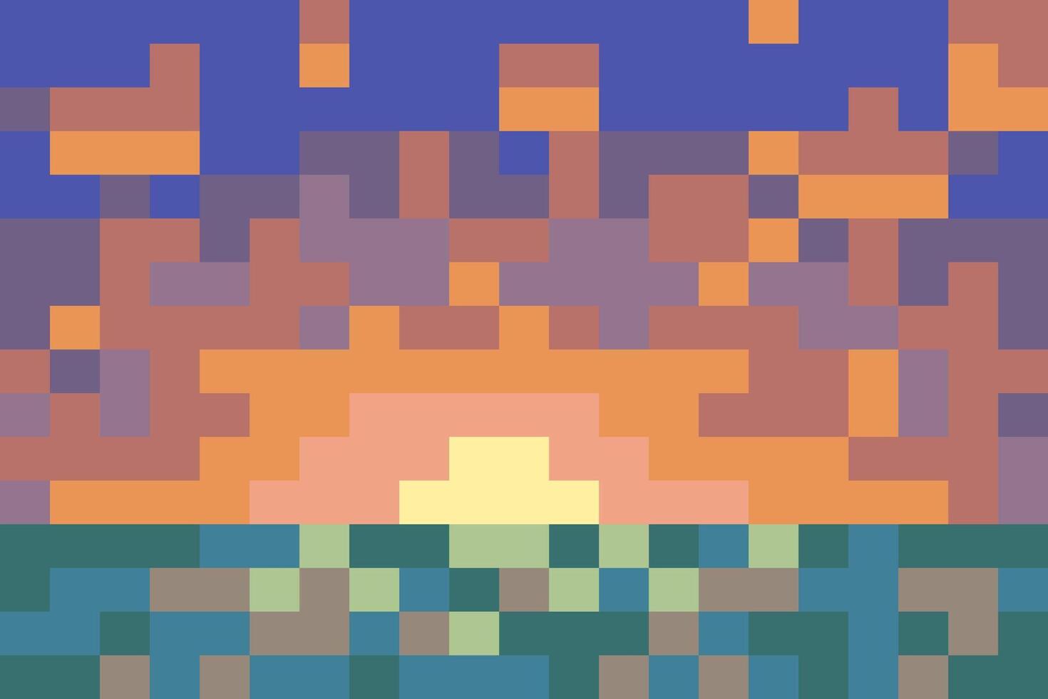 pixel art sunrise or sunset - sun, sky and sea. seascape or lake scene for concept game made of square blocks vector