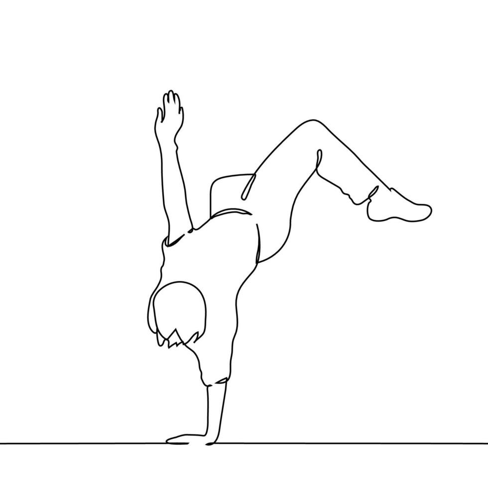 man in a one-handed handstand with his whole body - one line art . concept of breakdance, parkour vector