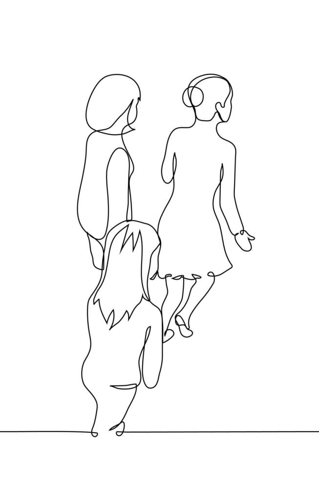 group of women climbing up or top view in isometric - one line art . concept female friends walking together, joint walk, redirecting interest of female audience vector