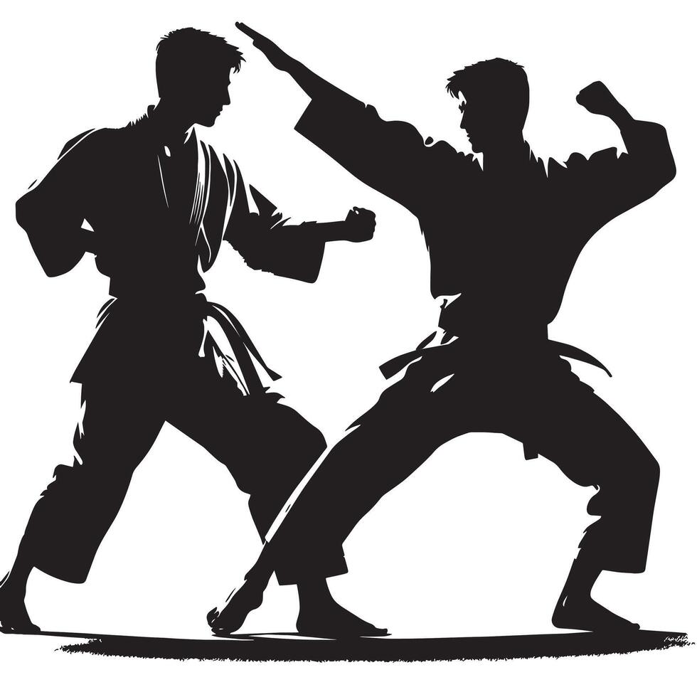 Two men in karate gear are fighting in silhouette vector
