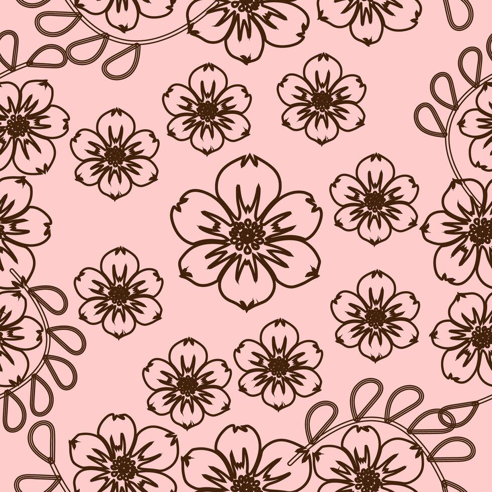 Seamless Hand Drawn Floral Pattern . Pink Background with Brown Line Art Flowers . Background for Fabric, Wallpaper, Textile, Wrapping, and Digital Prints . vector