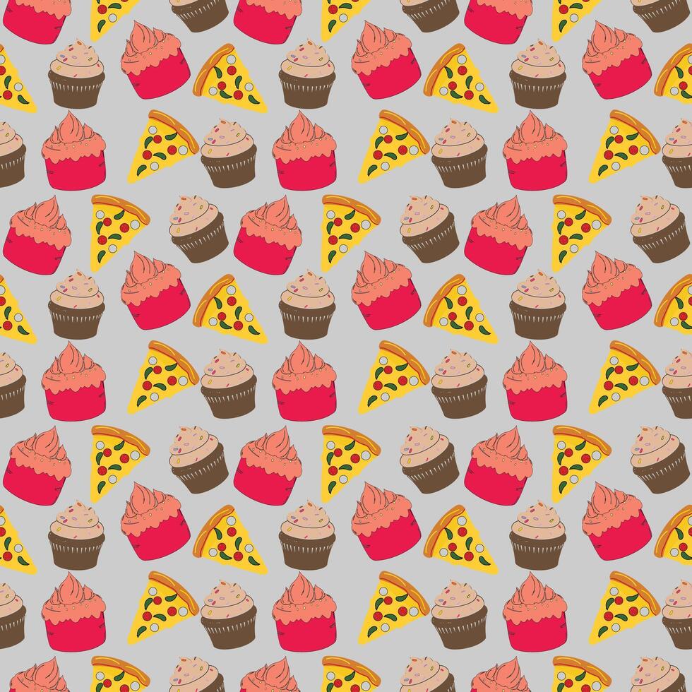 A fun and playful seamless pattern featuring cupcakes and pizza slices on a light grey background. Perfect for kids products, party decor, or quirky food-themed designs. vector