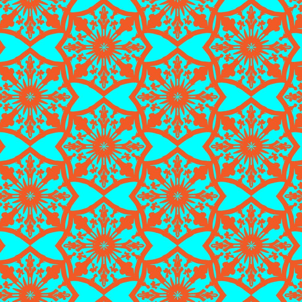 A seamless retro floral pattern featuring intricate mandala-style motifs in reddish-brown over a vibrant cyan background. Ideal for textiles, wallpapers, or vintage-themed designs vector