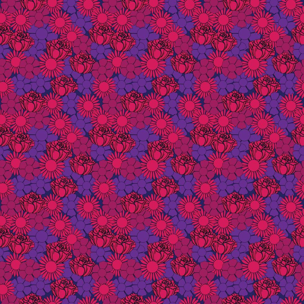 A bold and colorful seamless floral pattern with pink, red, and purple flowers. The vibrant contrast gives it a modern, eye-catching look perfect for textiles, fashion prints, or digital backgrounds. vector