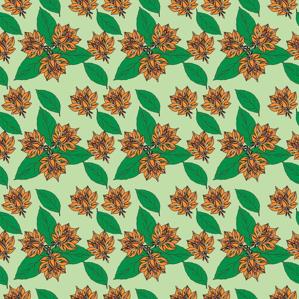 A seamless floral pattern featuring orange flowers with green leaves on a light green background. The design has a vibrant and natural look, ideal for fabric, wallpaper, or packaging. vector