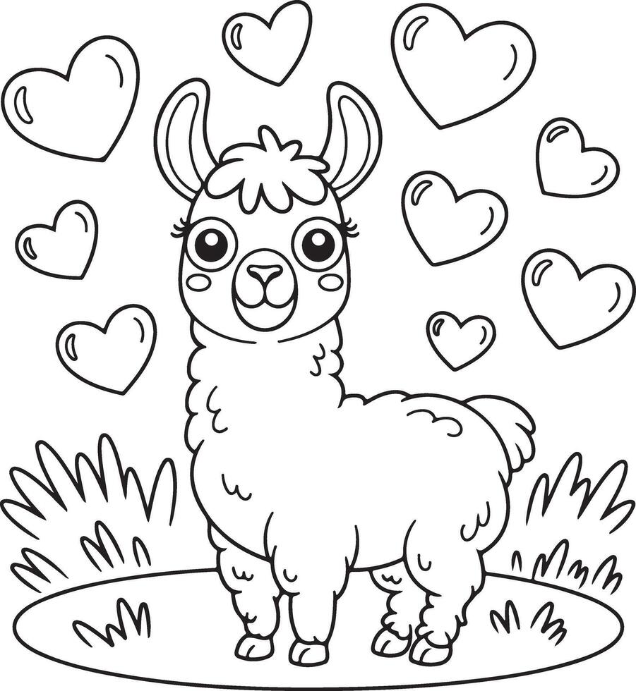 Adorable Llama Coloring Page with Hearts vector