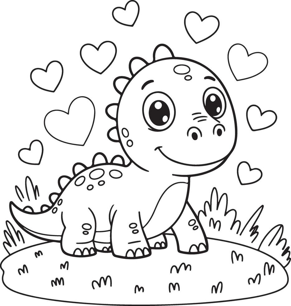 Adorable Cartoon Dinosaur Coloring Page with Hearts vector