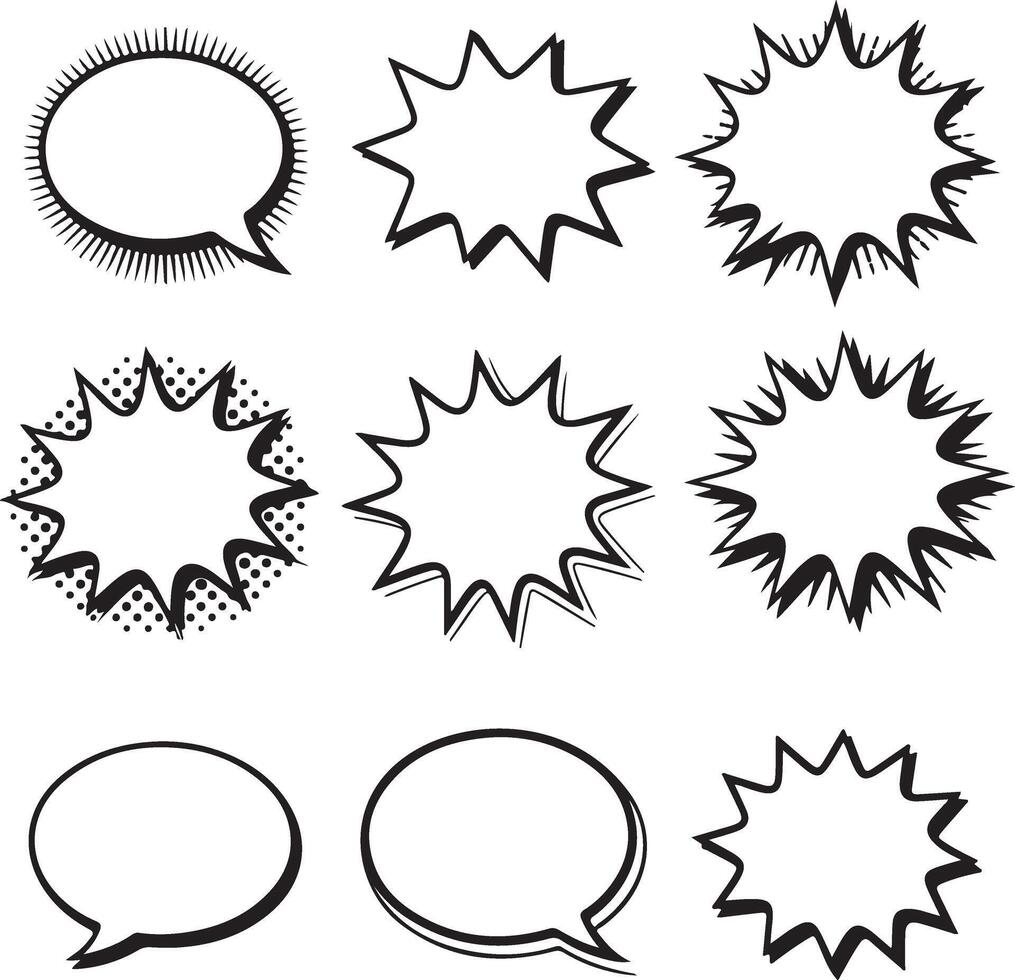 Collection of Nine Black and White Comic Book Speech Bubbles vector