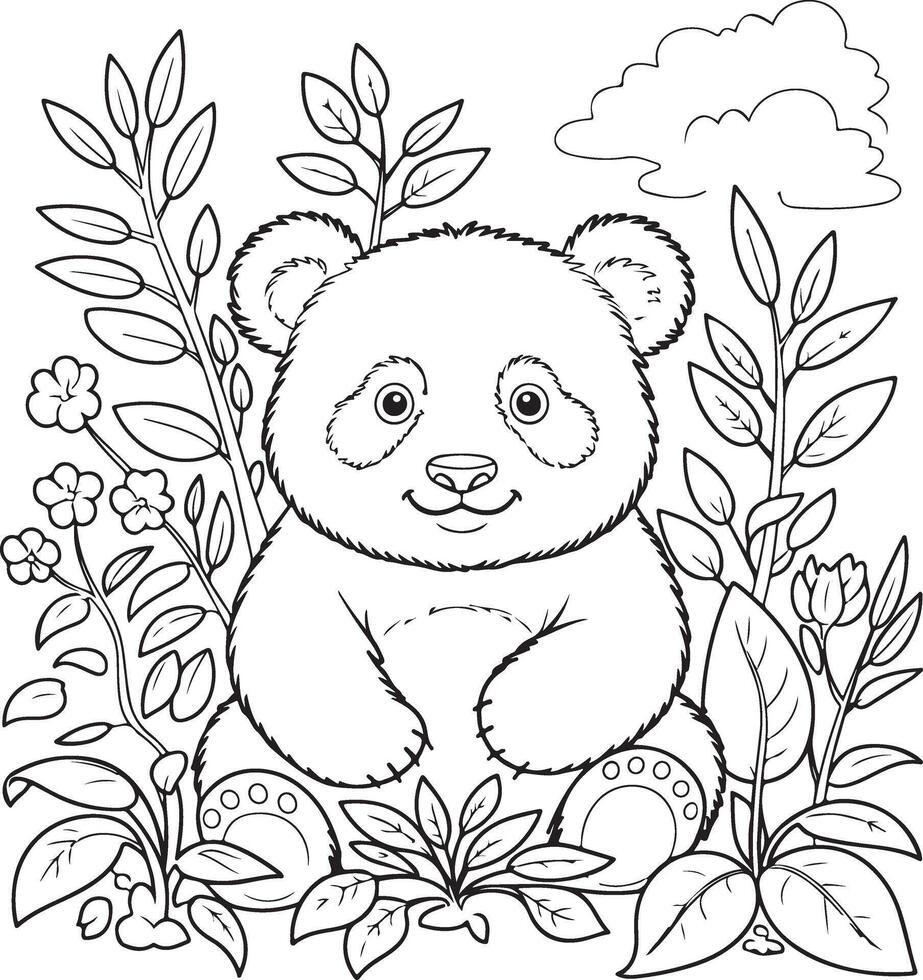 Adorable Panda Bear Coloring Page in Lush Foliage vector