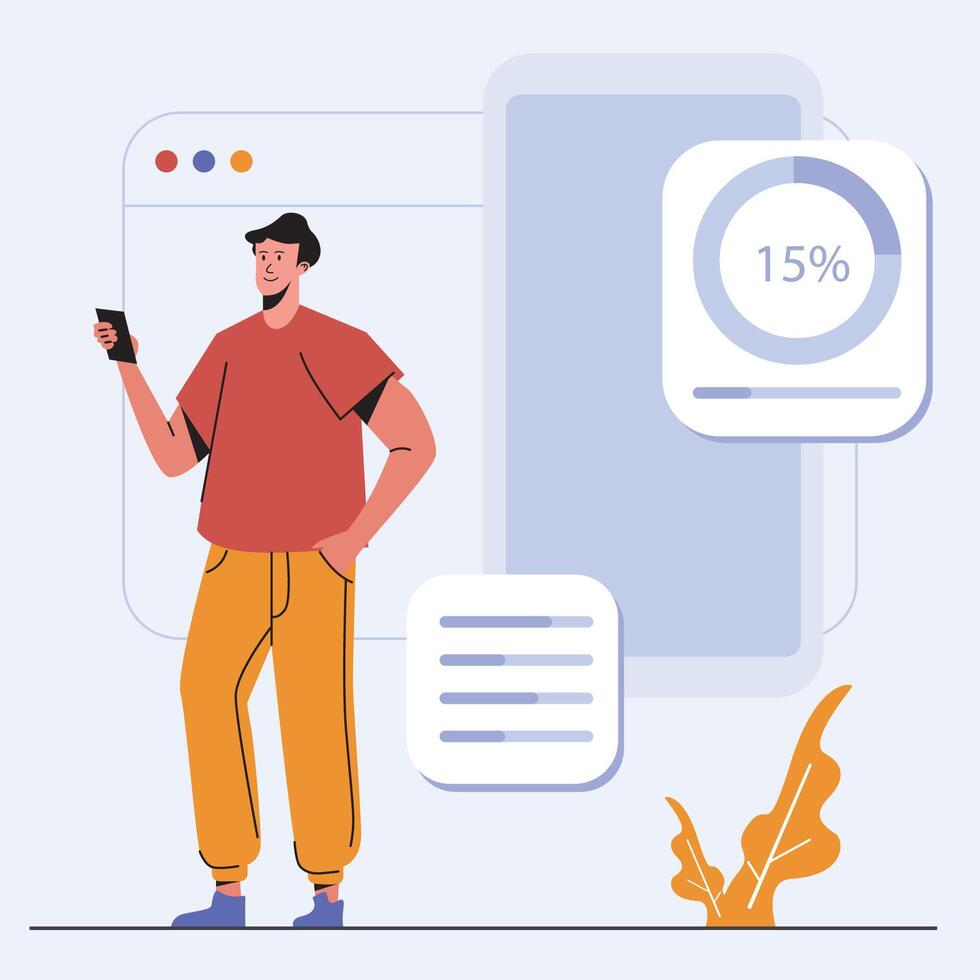 young man standing with smartphone vector