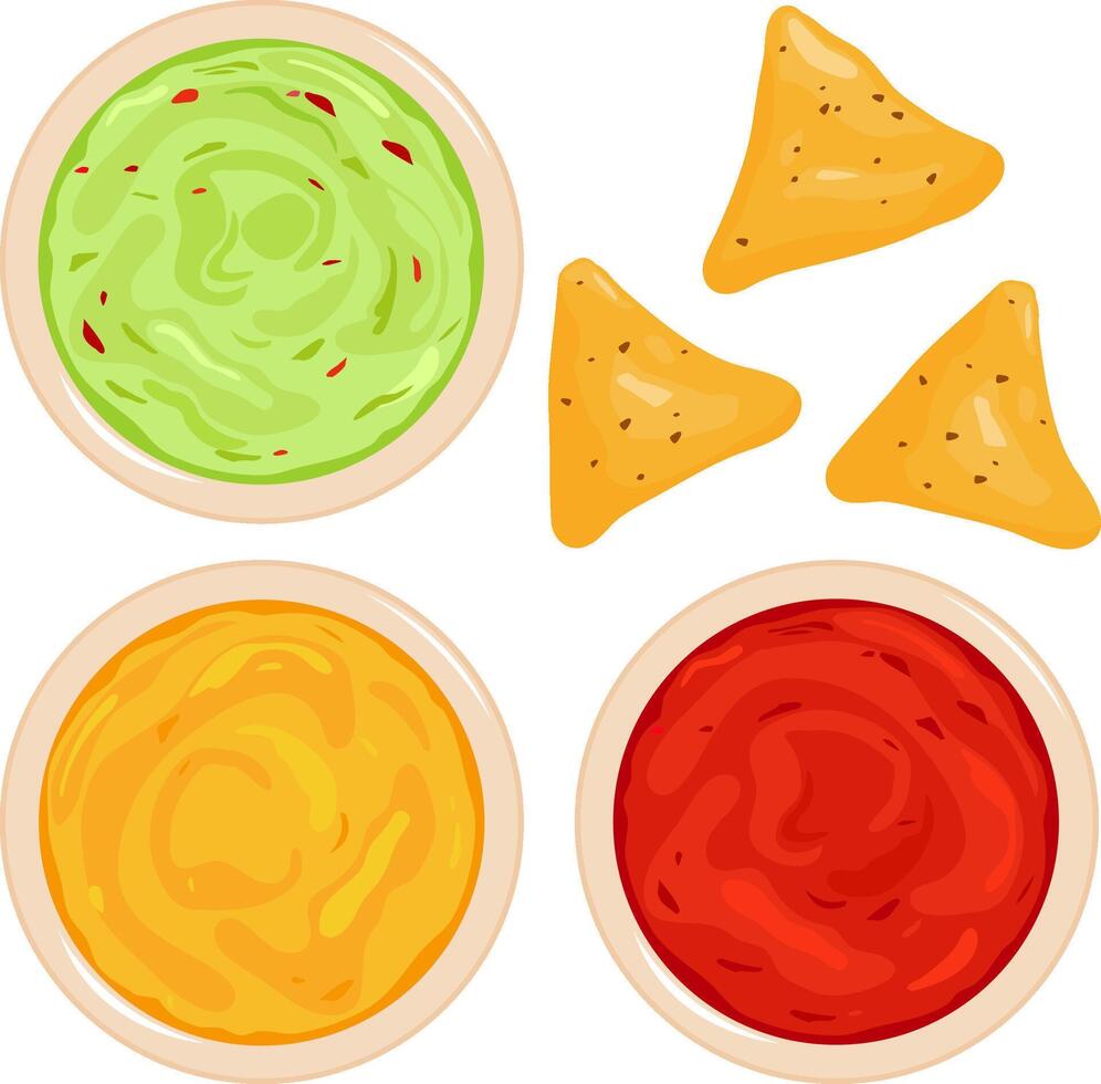 Bowls of avocado guacamole dip, tomato salsa, cheese sauce and nachos chips. Mexican food and tortillas. Top view. vector