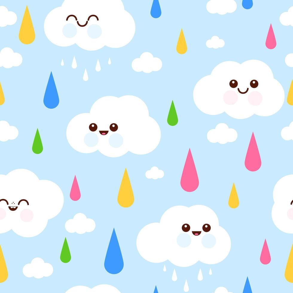Colorful rain drops and cute clouds. Cute raining clouds on blue sky background. Seamless pattern. vector
