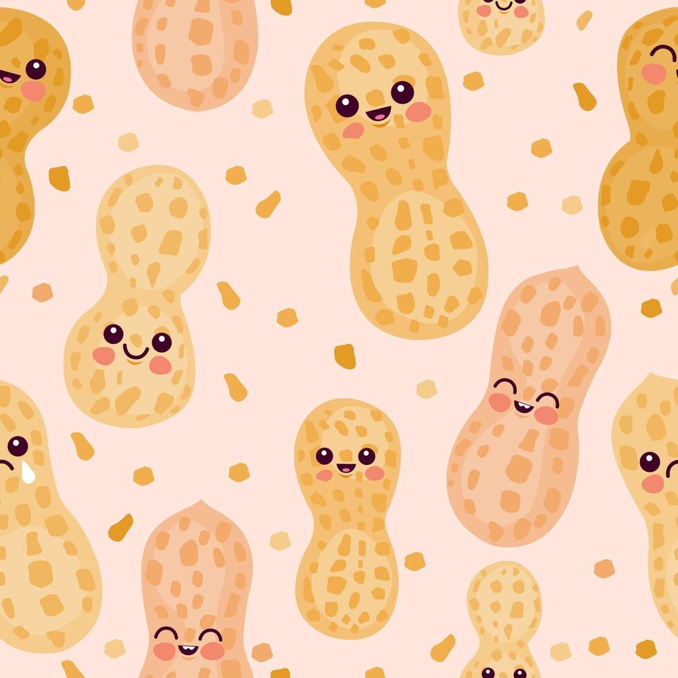 Cute peanut characters background. Seamless pattern. Cartoon peanut butter nuts. vector