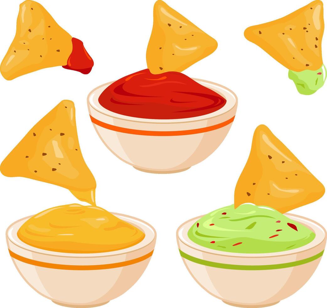 Mexican guacamole dip sauce food and tortilla chips. Bowls of avocado guacamole dip, tomato salsa, cheese sauce and nachos chips. Delicious snack food. vector