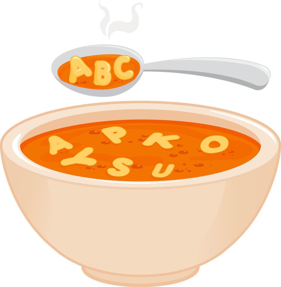 A bowl of soup with alphabet pasta and a spoon. Homemade soup with macaroni, alphabet letter pasta meal. vector