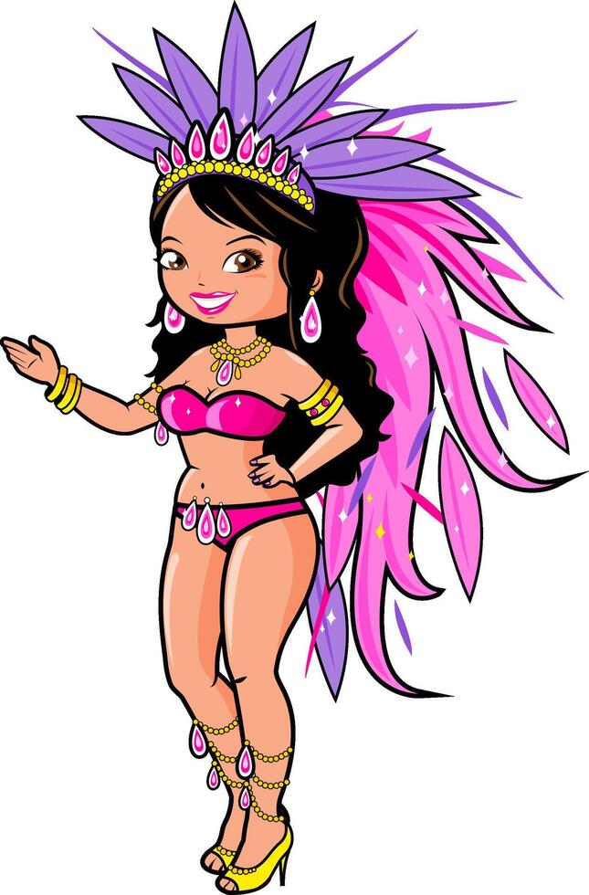 Brazilian samba dancer. Carnival in Rio de Janeiro dancer with a festival costume is dancing. A beautiful carnival dancer in a costume with pink feathers. vector