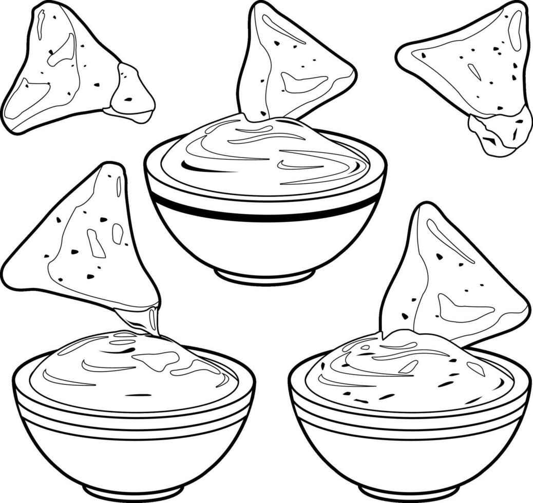 Mexican guacamole dip sauce food and tortilla chips. Bowls of avocado guacamole dip, tomato salsa, cheese sauce and nachos chips. Black and white coloring page vector