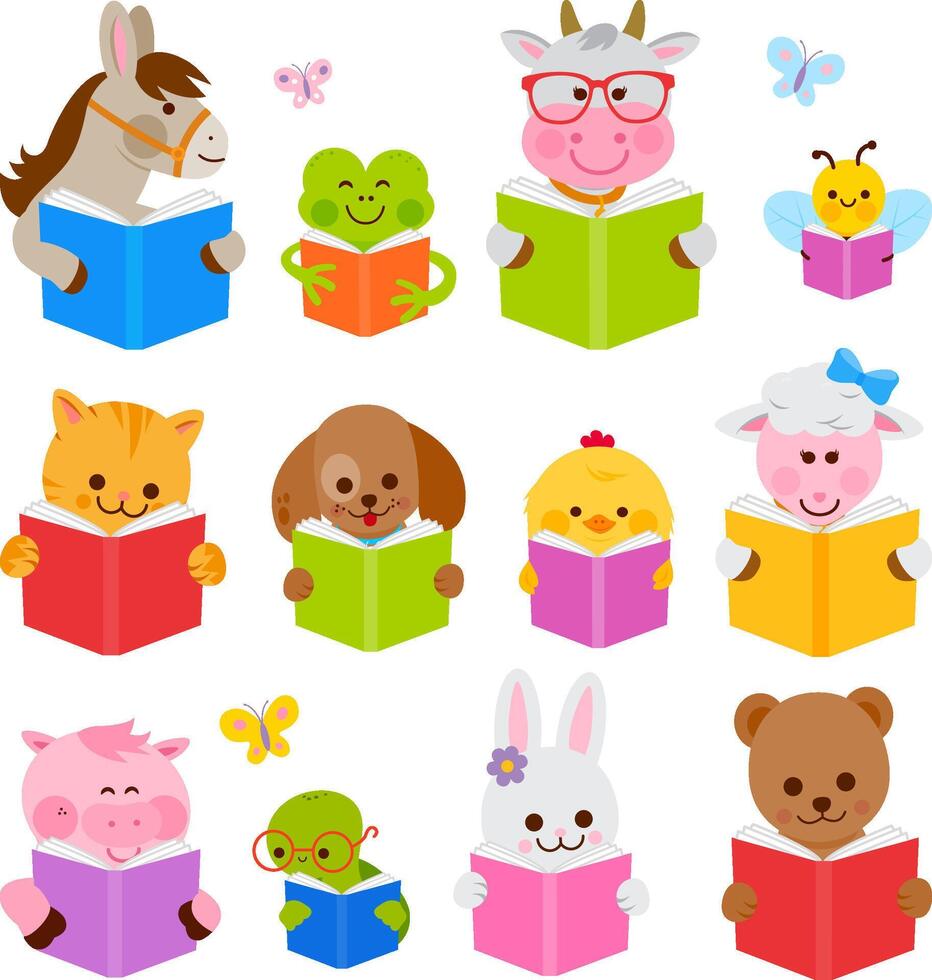 Group of cute animals reading books. Little students study at school, kindergarten or preschool. Smart pets, cats, dogs, farm animals. vector