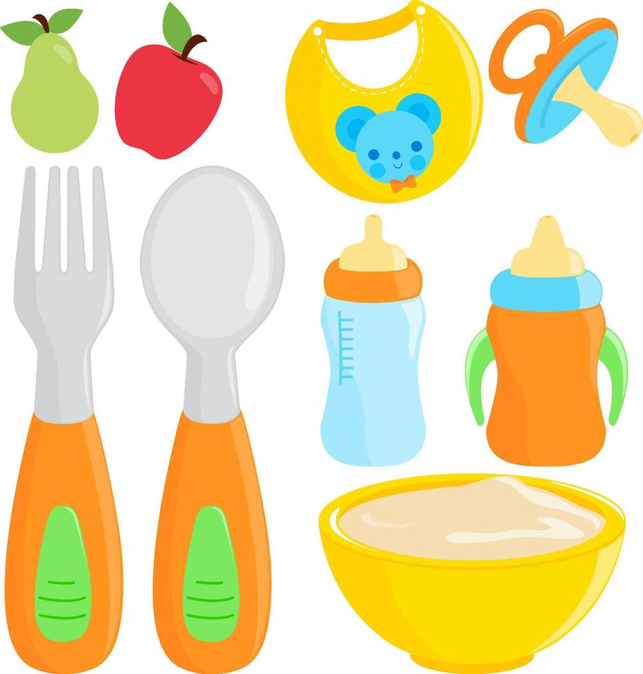 Baby food utensils set. Spoon and fork for babies, tableware set with milk bottles. Dishware, and bib for baby and toddler eating solid food. vector