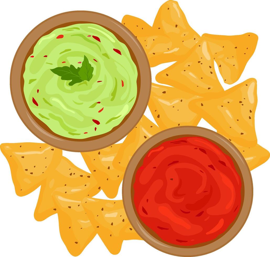 Mexican guacamole dip salsa food and tortilla chips. Bowls of avocado guacamole dip, tomato salsa sauce and nachos chips. Top view. vector