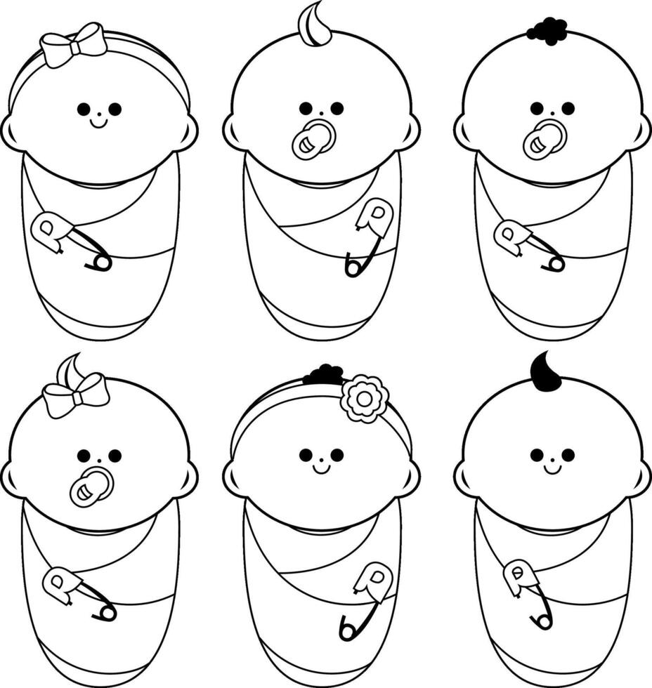 Diverse group of newborn babies wrapped in cloth blankets. Cute swaddled newborn baby infants. Black and white coloring page. vector