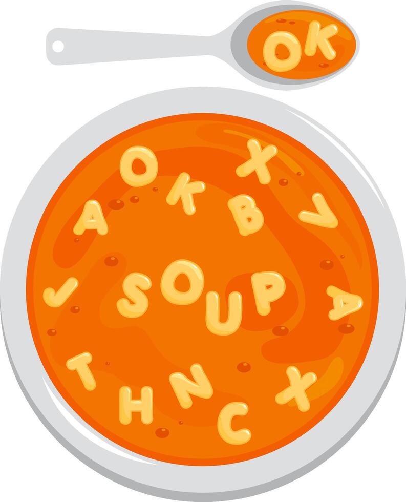 Bowl of soup with alphabet pasta and a spoon. Homemade soup with macaroni, alphabet letter pasta meal. Top view. vector