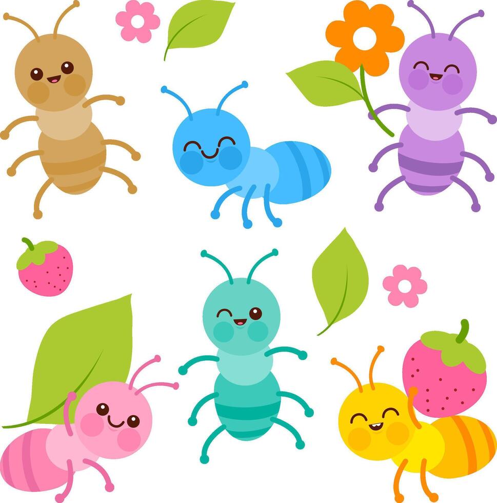 Cute colorful baby ant bugs. Cute cartoon ants insects with pretty springtime flowers and strawberries. vector