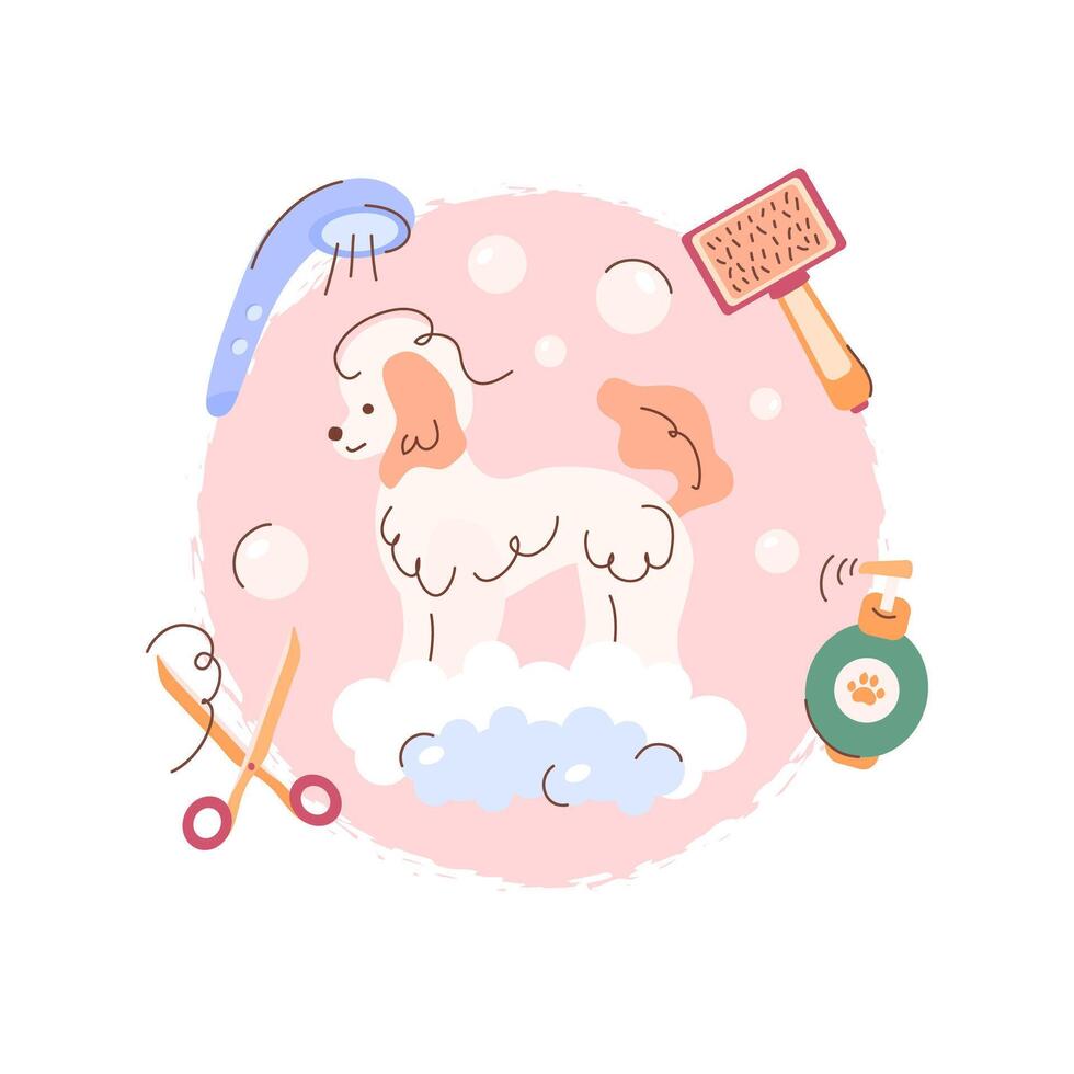 A template for caring for dogs and pets. The logo of the salon is a hairdresser for animals, haircuts, bathing. Pedigreed dog in soapy foam, with accessories for washing, shampoo, shower, scissors. vector