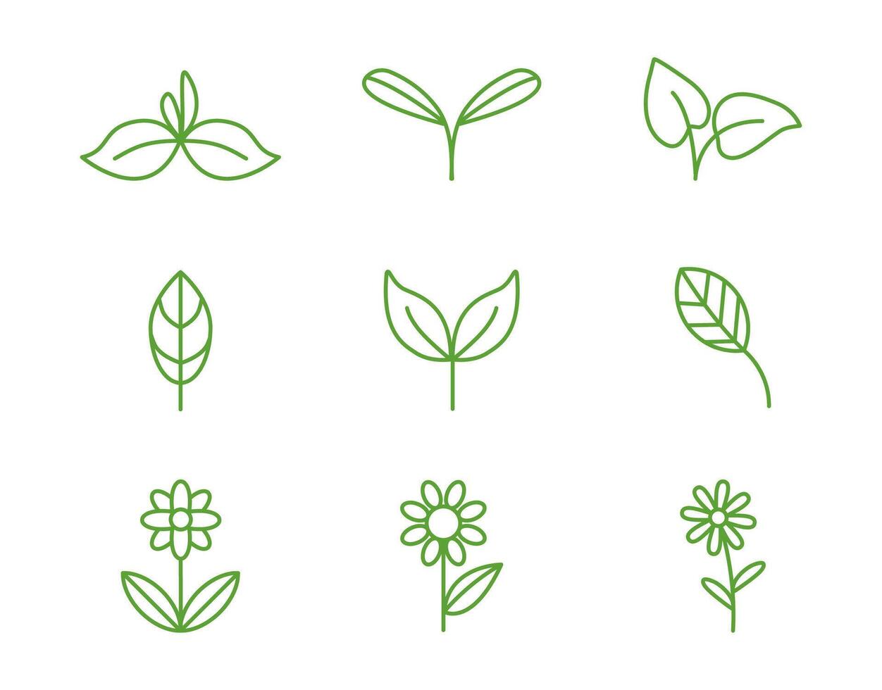 A set of icons with plants, foliage, flowers, natural linear symbols, logos dedicated to caring for nature. Highlighting environmental issues of nature, caring for plants, landscaping. vector