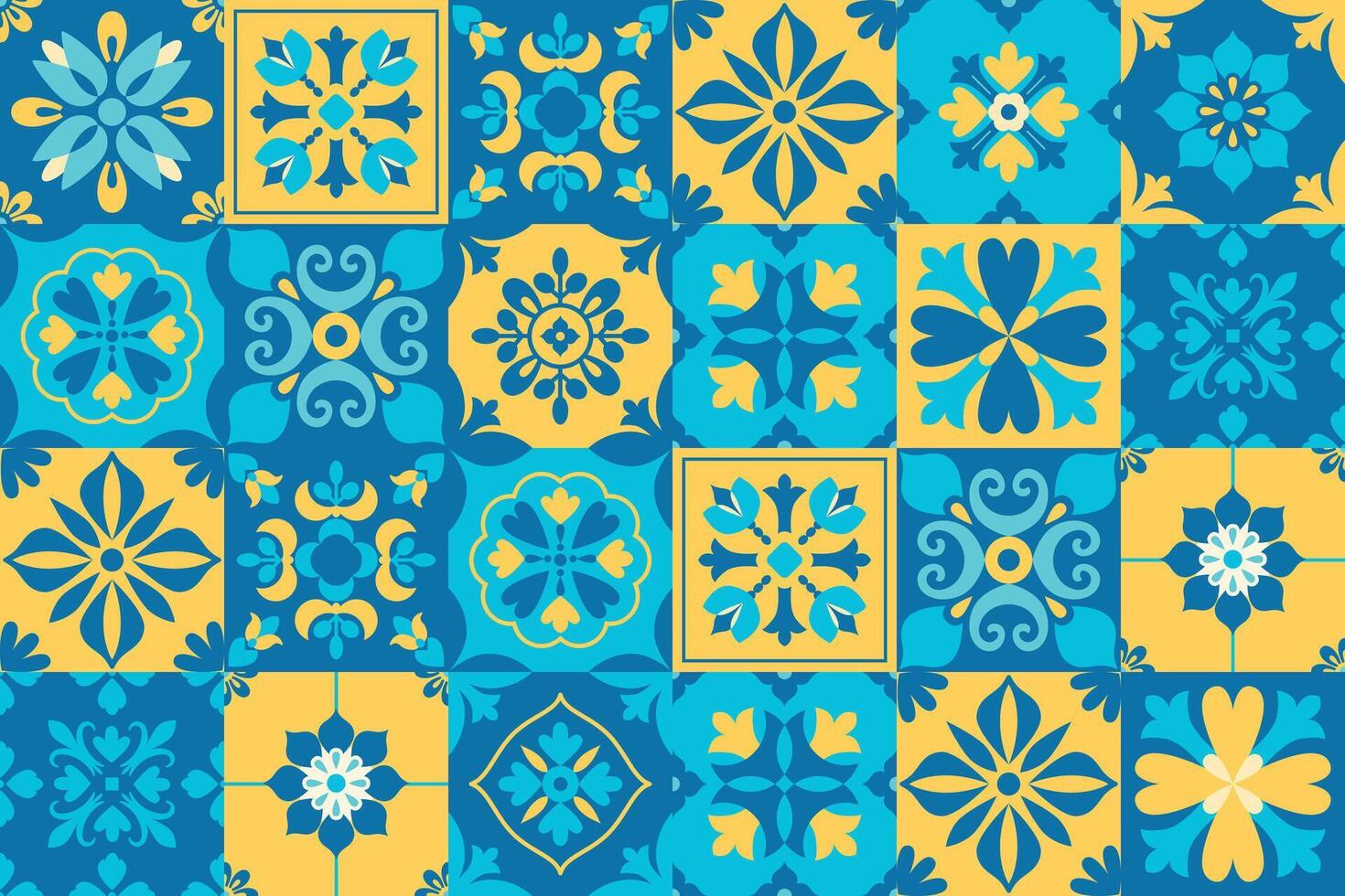 Mediterranean geometric folk pattern. Blue and yellow azulejo tiles background. Abstract floral ornament. Italian, Portuguese, Spanish porcelain pottery. Mosaic. Interior design. illustration. vector